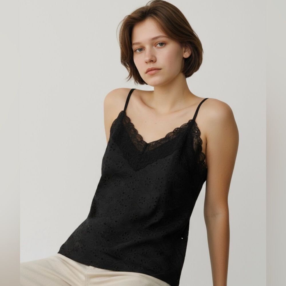 bishop & young Faux Leather Black Lace Eyelet Cami Spaghetti Straps S